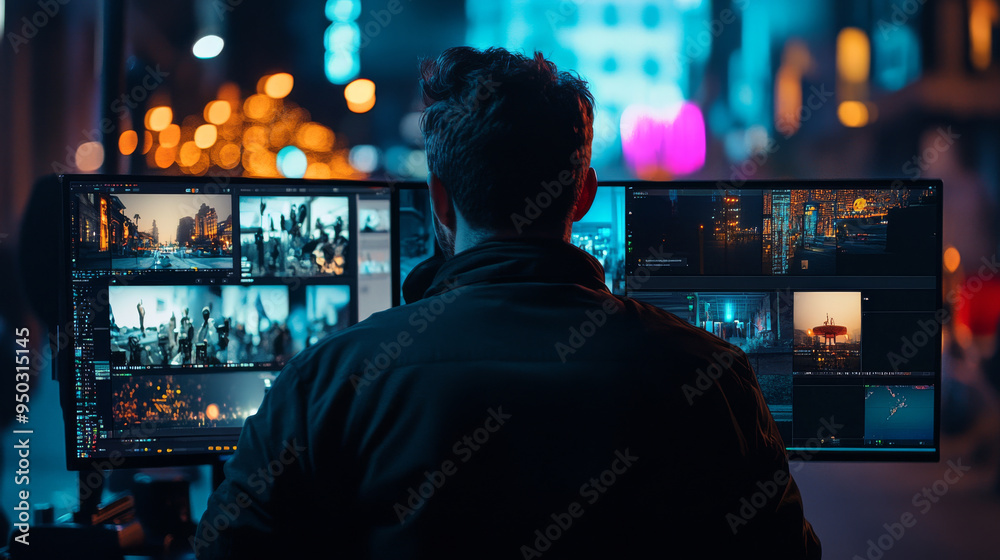 A man is sitting in front of two computer monitors A man is sitting in front of two computer monitors