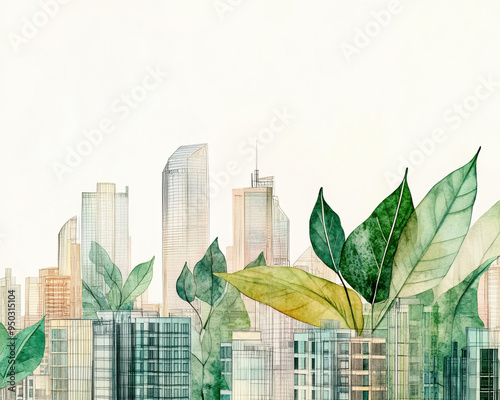 Illustration of a city skyline with handdrawn green leaves growing on rooftops, minimalistic, representing urban sustainability photo