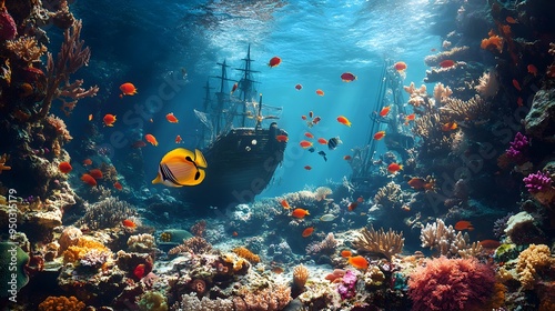 Vivid underwater scene coral reefs schools of fish sunken ship sharp details