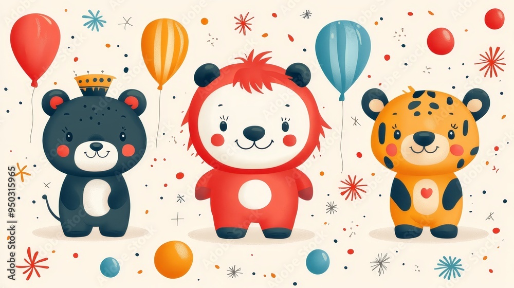 Obraz premium Cute Cartoon Animals with Balloons and Confetti Illustration
