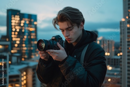 Trendy young man using a high-quality camera to capture cityscape views from a rooftop, showcasing photography skills, urban exploration, and premium equipment photo