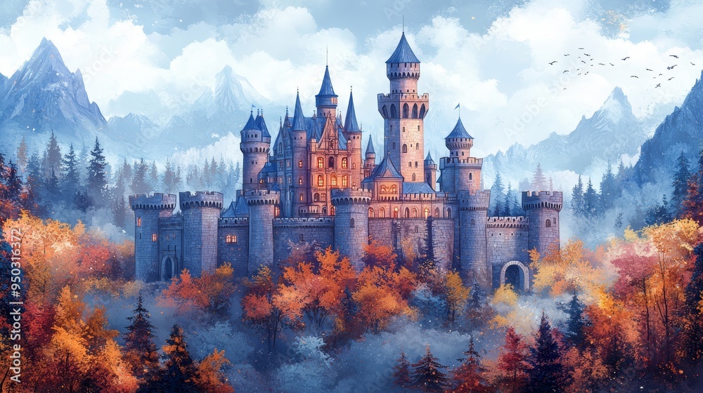 Majestic Castle in Autumn Forest with Mountain Landscape