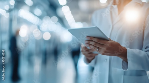 A healthcare worker clad in a white lab coat, holding a digital tablet and using it to access or update records, representing technological integration in medical field. photo