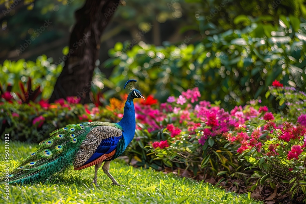 medium vibrant peacock displaying its colorful feathers in full fan, lush, tropical garden with vibrant flowers and greenery, bright, dappled sun enhancing the iridescent
