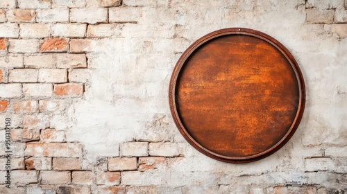 A vintagestyle circular signboard with a rusted metal frame, mounted on an old, weathered brick wall photo