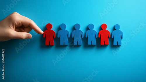 businessperson's hand selects a red human figure among many gray figures, symbolizing leadership, recruitment, talent acquisition, individuality, and making strategic decisions in business