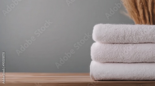 Three neatly folded white towels placed on a wooden surface with soft lighting and a minimalistic background, evoking cleanliness, simplicity, and calmness in a cozy setting. photo