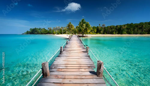 paradise beach with turquoise water, wooden pier and tropical palm trees, summer holidays in Thailand, Koh Kood photo