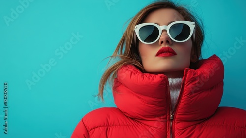 This image captures an individual in a red puffer jacket with a white turtleneck against a blue background, highlighting modern fashion trends and seasonal clothing. photo