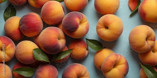 Top view of peach fruits on pastel background. photo