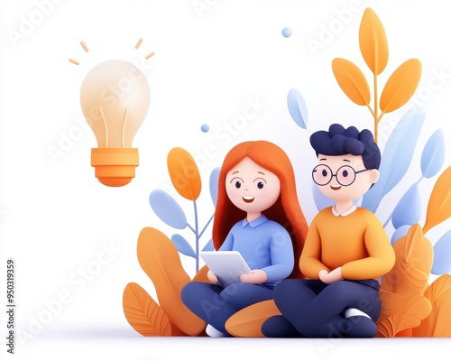 Happy young couple sitting with a tablet, surrounded by abstract leaves and a light bulb, symbolizing ideas and creativity.