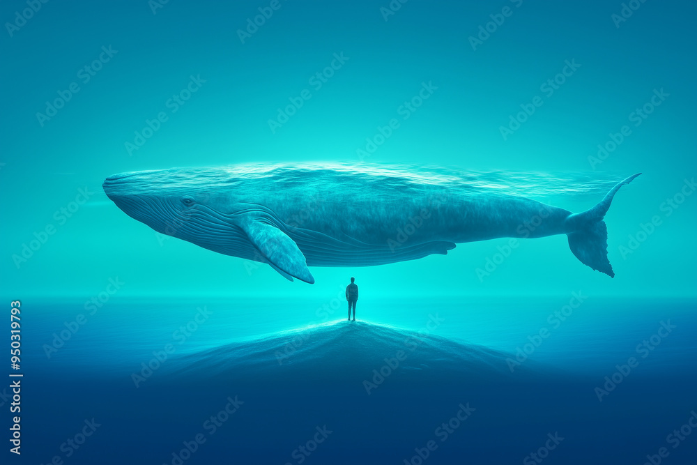 Obraz premium A man stands on an island in the ocean. Next to him a huge whale swimming underwater. The color scheme is dark blue-green
