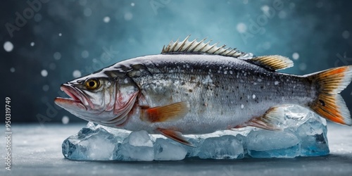 Raw whole sea bass fish with head on ice.