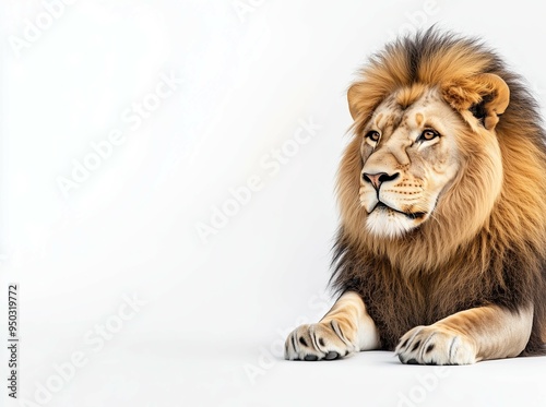 A beautiful portrait of a majestic lion with a regal pose, set against a clean, bright white background. The lion s features are highlighted by the even, natural lighting,