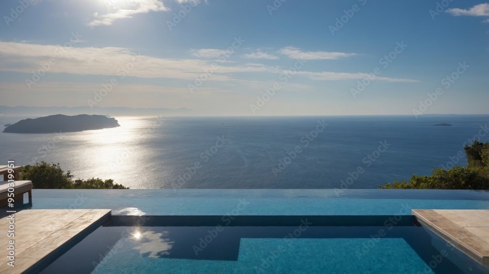 Fototapeta premium Luxurious oceanfront infinity pool with white loungers and breathtaking sea view under a bright blue sky.