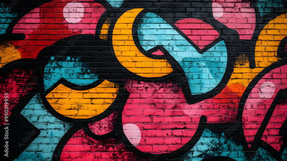 Colorful abstract graffiti on a brick wall with pink, blue, orange, and black paint. Colorful abstract graffiti on a brick wall with pink, blue, orange, and black paint.