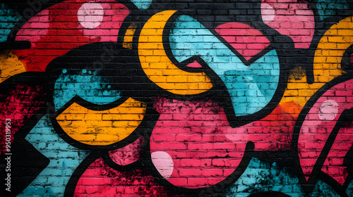 Colorful abstract graffiti on a brick wall with pink, blue, orange, and black paint.