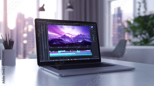 Laptop with video editing software open on a clean workspace