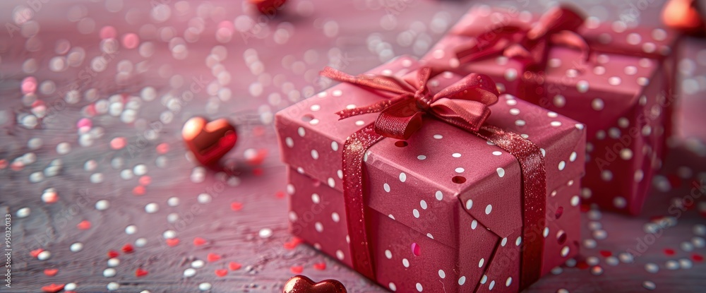 Obraz premium Romantic Valentine's Day Gifts with Red Polka Dot Wrapping