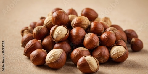 Pile of fresh hazelnuts on beige background.