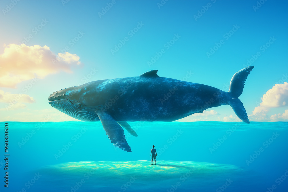 Fototapeta premium A man stands on an island in the ocean. Next to him a huge whale swimming underwater. The color scheme is dark blue-green 