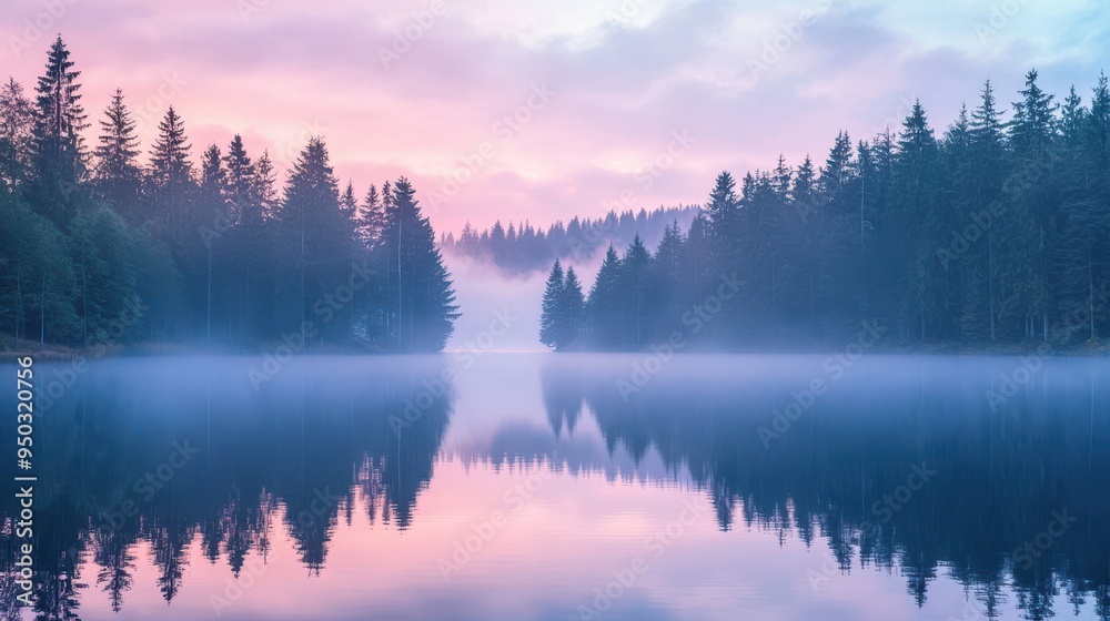 A serene woodland landscape at dawn with a mist-covered lake reflecting the soft pastel colors of the sky the surrounding trees are tall and majestic creating a peaceful and enchanting atmosphere