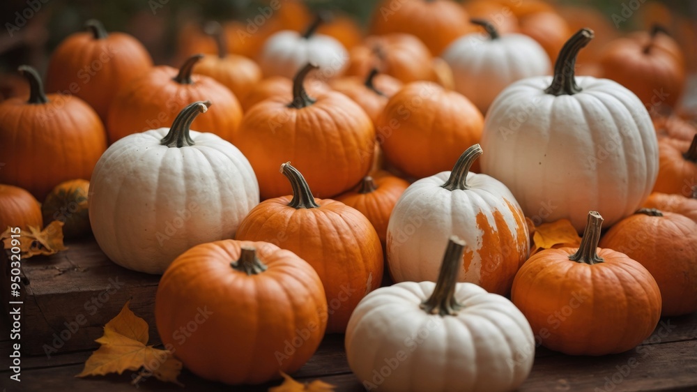 Mix of orange and white pumpkins on orange background. Mix of orange and white pumpkins on orange background.