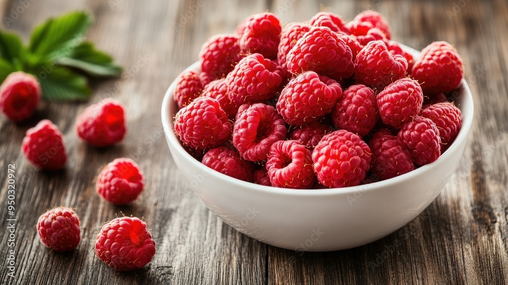 A bowl filled with freshly picked raspberries, their vibrant red hue contrasting with the white ceramic bowl, set on a wooden table A bowl filled with freshly picked raspberries, their vibrant red hue contrasting with the white ceramic bowl, set on a wooden table