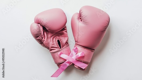 An isolated image on a white background featuring a pair of pink boxing gloves with a small pink ribbon attached to them the simplicity of the image draws attention to the powerful message of