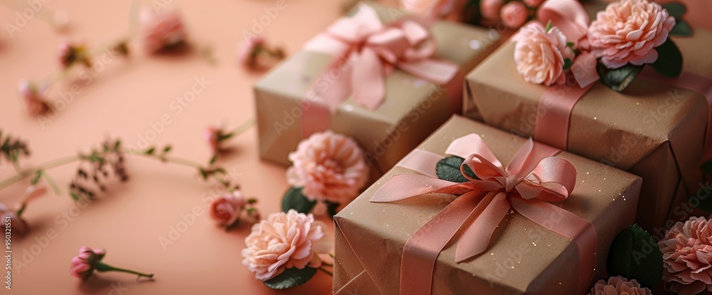Delicate Pink Gift Boxes with Flowers on a Soft Peach Background Delicate Pink Gift Boxes with Flowers on a Soft Peach Background