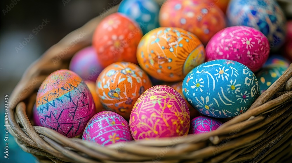 A basket of Easter eggs in vibrant colors and patterns, ready for an Easter egg hunt or festive decoration. A basket of Easter eggs in vibrant colors and patterns, ready for an Easter egg hunt or festive decoration.