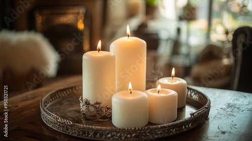 A beautiful arrangement of candles burning on a vintage tray, adding a touch of elegance and warmth to a room.