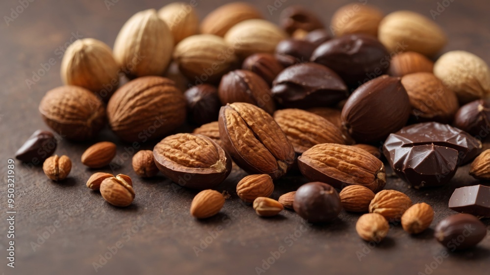 Top view of assorted nuts and chocolate ingredients. Top view of assorted nuts and chocolate ingredients.