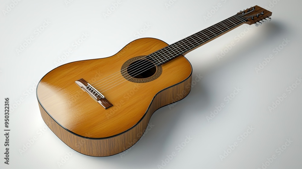 Fototapeta premium A classic guitar with a polished wooden finish, lying on a pristine white surface, emphasizing its simple beauty.