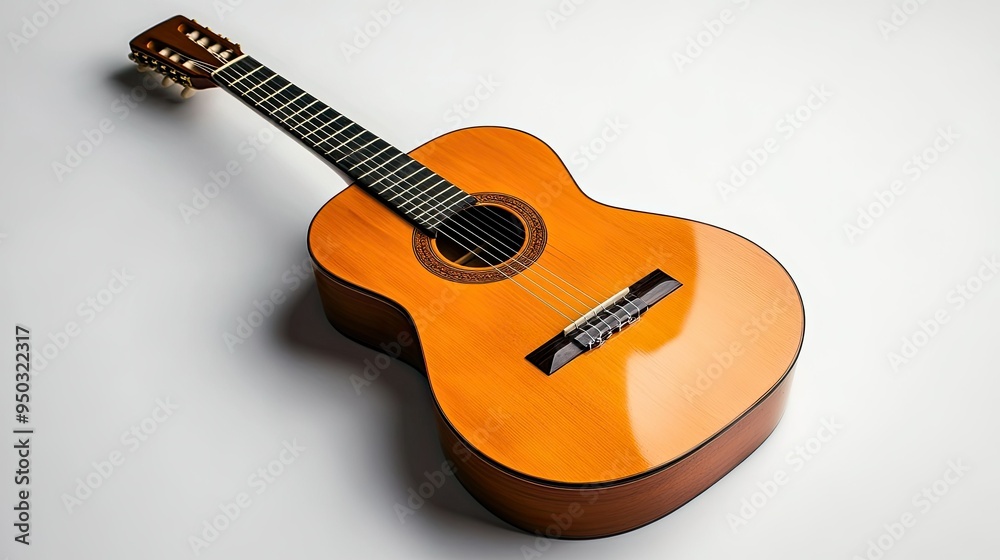 Fototapeta premium A classic guitar with a polished wooden finish, lying on a pristine white surface, emphasizing its simple beauty.