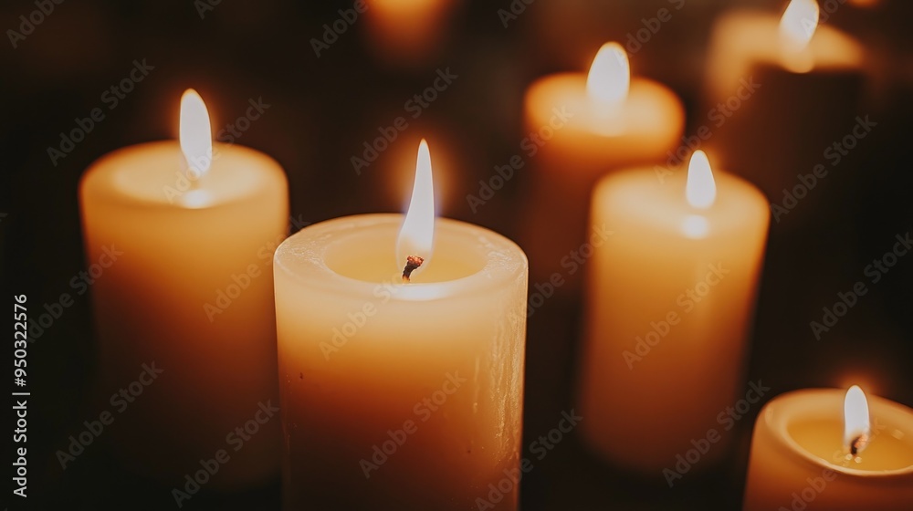 A close-up of multiple candles burning softly in a dimly lit room, creating a cozy and inviting atmosphere A close-up of multiple candles burning softly in a dimly lit room, creating a cozy and inviting atmosphere