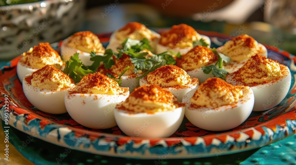 A colorful plate with deviled eggs garnished with paprika and fresh herbs, ready for serving at a gathering. A colorful plate with deviled eggs garnished with paprika and fresh herbs, ready for serving at a gathering.