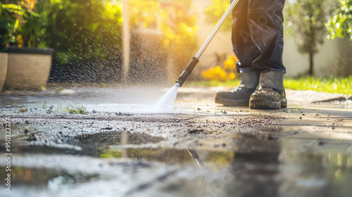 A person using a pressure washer to clean a muddy and dirty surface outdoors, with water spray and sunlight in a garden setting.