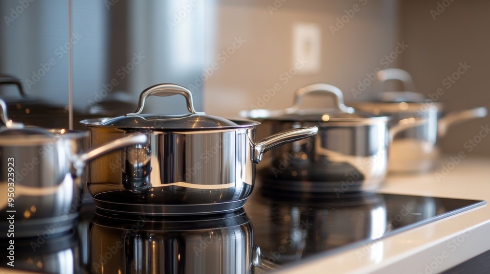 A modern kitchen with a sleek, glass-top stove featuring a set of matching stainless steel pots and pans, highlighting a clean and stylish cooking space. A modern kitchen with a sleek, glass-top stove featuring a set of matching stainless steel pots and pans, highlighting a clean and stylish cooking space.