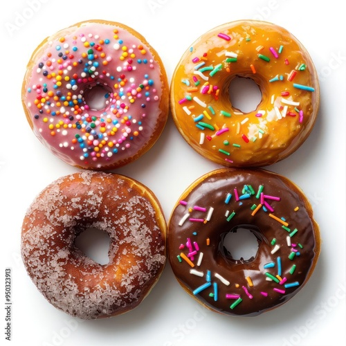 Four flavors of donuts, each with a different topping: glazed, pink frosted, chocolate sprinkled, photo