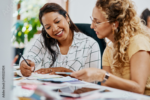 Obraz na plátne Discussion, team and business women writing notes, brainstorming ideas and smile in startup office