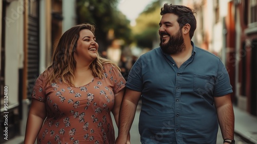 A joyful scene of a plus-sized woman walking hand in hand with a man. Both have happy expressions, radiating contentment as they enjoy their time together.