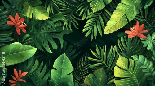 Wallpaper Mural Lush Green Tropical Leaves and Red Flowers Background Torontodigital.ca