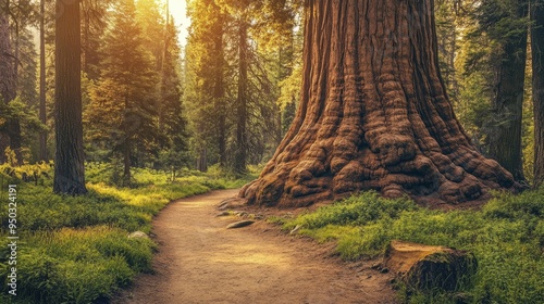 A giant sequoia tree towering over a forest path, showcasing its immense size and grandeur.