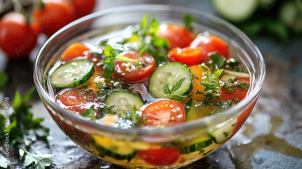 A gourmet salad with cherry tomatoes, cucumbers, and herbs floating in a bowl of clear dressing. A gourmet salad with cherry tomatoes, cucumbers, and herbs floating in a bowl of clear dressing.