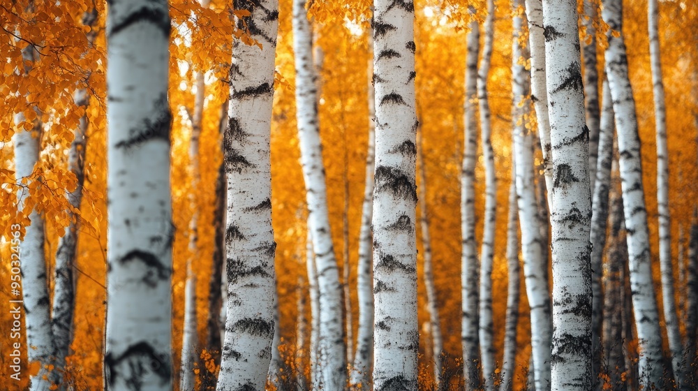 A grove of birch trees with white bark and golden leaves, creating a tranquil and serene autumn atmosphere. A grove of birch trees with white bark and golden leaves, creating a tranquil and serene autumn atmosphere.