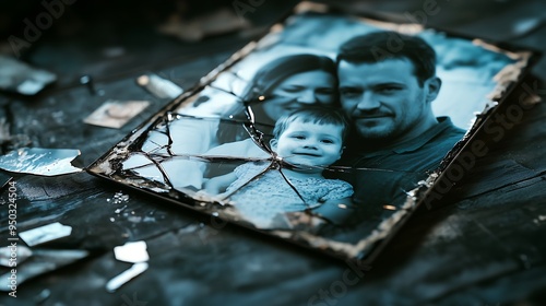 A close-up of a shattered family photo frame, featuring a picture of a father, mother, and child.