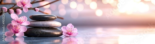 A serene wellness scene with bamboo elements, smooth hot stones, and fresh flowers, captured in soft, inviting light