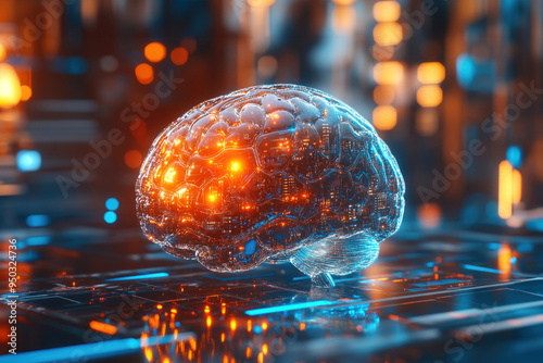 A digitized brain with vibrant lights and circuits symbolizing AI and technology advancement in a futuristic cyberspace. photo