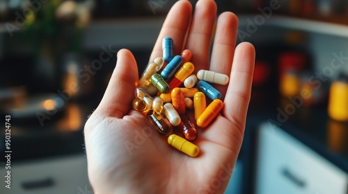 A hand holding a variety of colorful food supplement pills and capsules against a blurred kitchen background. photo